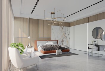 Modern Luxury Bedroom with apricot Color. 3D Illustration Render - obrazy, fototapety, plakaty