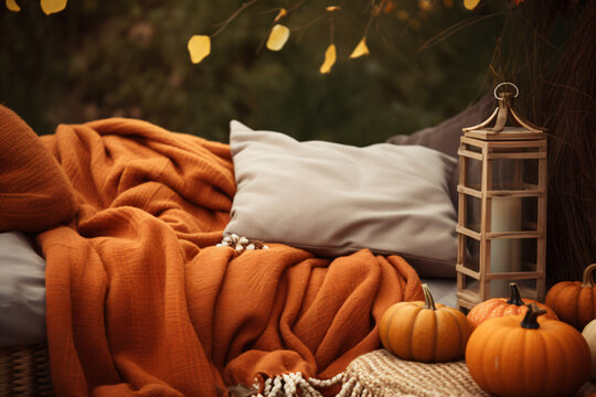 outdoor sofa with fall autumn decor