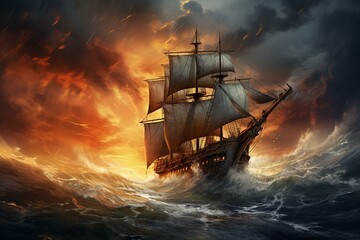 Classic, ancient vessel navigating amidst turbulent waters under a stormy sky. Expedition, exploration through parallel universes. Generative AI