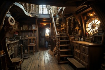 A pirate ship's deck, showcasing a door to the captain's quarters and stairs that lead to the galley. Generative AI