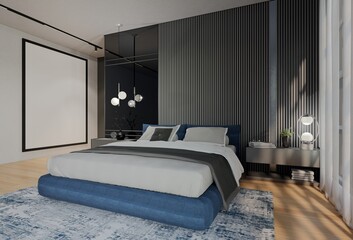 Modern Luxury Bedroom Animation with Ocean Blue Color. 3D Illustration Render - obrazy, fototapety, plakaty