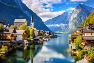 Scenic village in Austria nestled among picturesque mountains and a tranquil lake. Generative AI