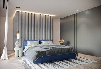 Modern Luxury Bedroom Animation with Ocean Blue Color. 3D Illustration Render - obrazy, fototapety, plakaty
