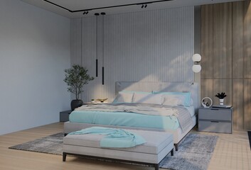 Modern Luxury Bedroom with powder blue Color. 3D Illustration Render - obrazy, fototapety, plakaty