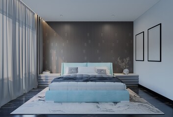 Modern Luxury Bedroom with powder blue Color. 3D Illustration Render - obrazy, fototapety, plakaty