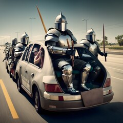 medieaval knights in full plate armor in a sedan car traffic is stopped on southern california highway many cars  - obrazy, fototapety, plakaty
