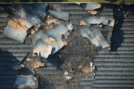 Close-up aerial view of roof damage with missing shingles. Generative AI
