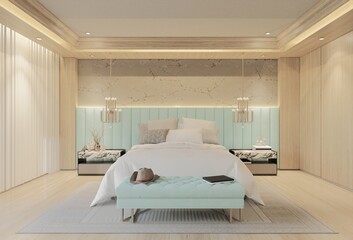 Modern Luxury Bedroom with powder blue Color. 3D Illustration Render