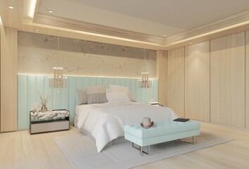 Modern Luxury Bedroom with powder blue Color. 3D Illustration Render