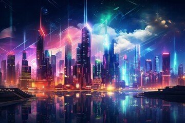 Neon cityscape in a digitized environment. Generative AI
