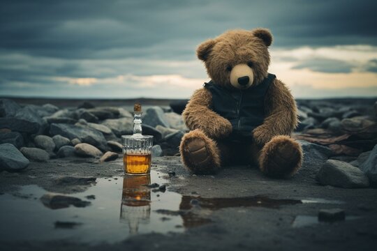 Lonely teddy bear drinks whiskey, representing childhood alcoholism. Generative AI