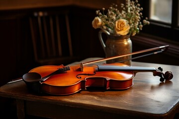 Close-up image of a violin resting on a table. Generative AI