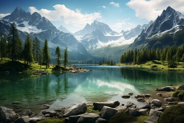 Beautiful lake surrounded by mountains in spring. Generative AI