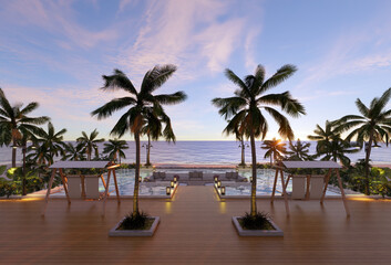 Teak wood tiles with pool and deck chairs. Park with trees and green grass with sea view. 3D rendering