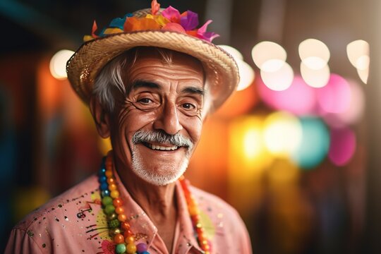 Fototapeta Hispanic older man smiling in street carnaval
