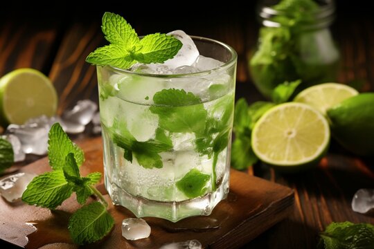 Cool and invigorating minty mojito on ice, perfect for summer heat. Generative AI