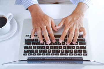 Fototapeta na wymiar Man Typing on Laptop Keyboard, Creative Blog Writing Concept 