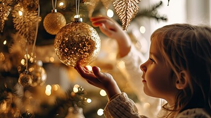  a childs hand reaching up to touch a christmas ball