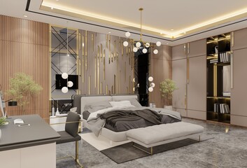 Modern Luxury Bedroom design. 3D Illustration Render