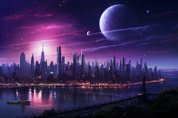 Fototapeta na wymiar A futuristic New York illuminated by a captivating purple moon. Generative AI
