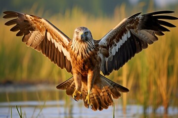 A brown-colored bird called marsh harrier is depicted in the image. Generative AI
