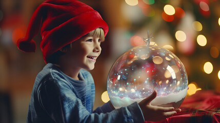 Naklejka premium boy dressed as santa claus, using computer at christmas