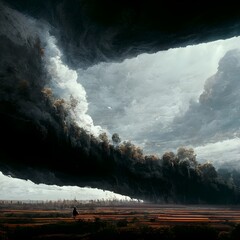 an oppressive ominous dark sheet of clouds premonition for the thunderstorm to come in an arid grey landscape 7 persons in black costumes ascend into the sky at various heights and places horizon 