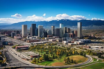 Naklejka na ściany i meble Aerial view of downtown skyline in Denver, Colorado. Generative AI