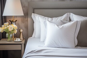 A bed with white bedding and pillows, accompanied by lamps on the side table. Generative AI