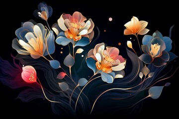 abstract flowers on dark background. Generative AI