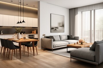 Naklejka na ściany i meble Contemporary living room with comfortable sofa, dining area, and kitchenette. Generative AI