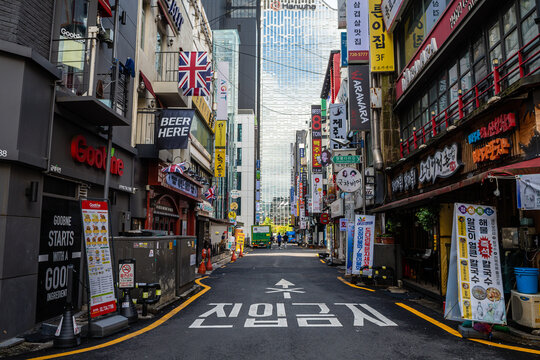 seoul, south korea. 3rd july, 2023: views of famous Myeong-Dong Walking Street in seoul city
