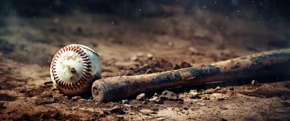 Baseball bat and ball on the dirt floor. Generative AI - obrazy, fototapety, plakaty
