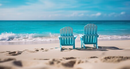 Illustration of two chairs on the beach sand, sea in the background. Generative AI