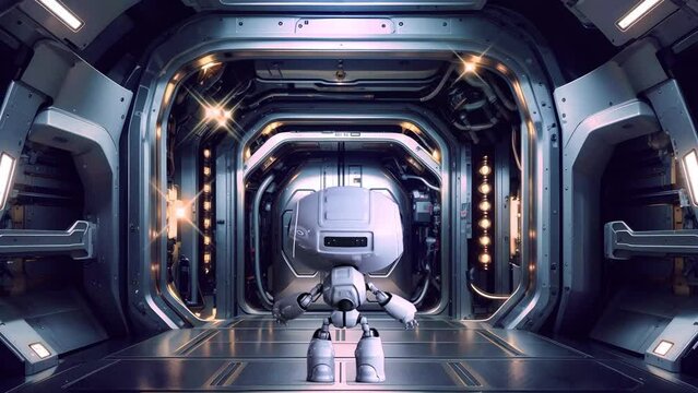In a futuristic spacecraft hall, a robot gesticulating annoyed. Explore the future of interstellar travel with cutting-edge technology.
