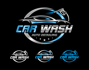 car wash Auto detailing vector logo Carwash spa Automotive automobile logo design template blue white, silver  isolated on a dark background. - obrazy, fototapety, plakaty