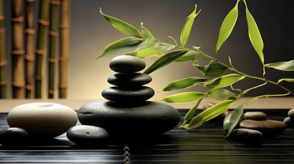 Fototapeta na wymiar Zen stones and bamboo on table