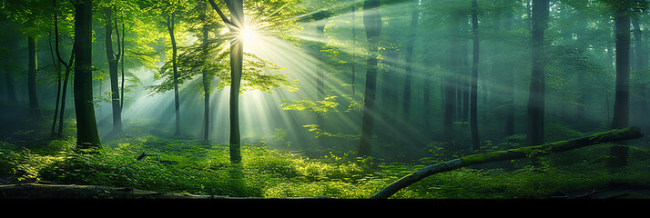 Image of sunlight filtering through the trees in a deep forest