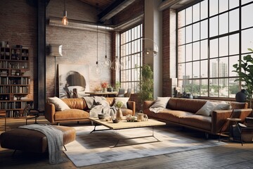 Rustic brickwork backdrop, simple modern living space, 3D rendering. Concept of industrial loft design.