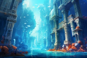 Underwater city with pillars in blue water, sun & red corals. Generative AI