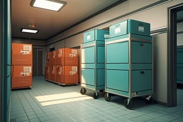 Indoor storage with boxes. Trolley. Closed doors in corridors. Renting for belongings. Warehouse. 3D image. Generative AI