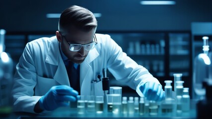 Researcher working in a laboratory. Medical tests background