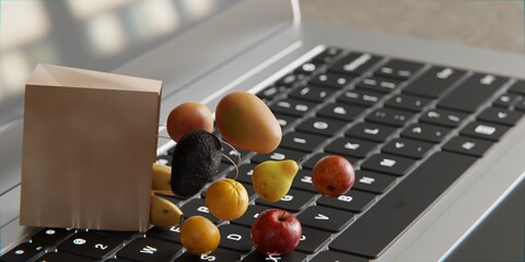 fruit in a paper bag with laptop in the background, illustration of shopping or ordering fruit online concept, 3d render