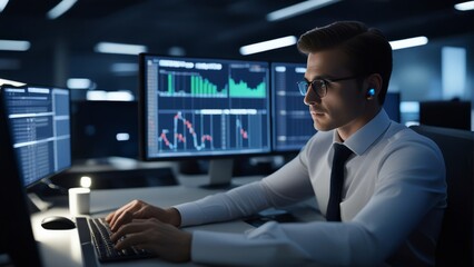 Fototapeta premium Serious male trader, financial analyst, sales manager, using portable desktop computers in the workplace