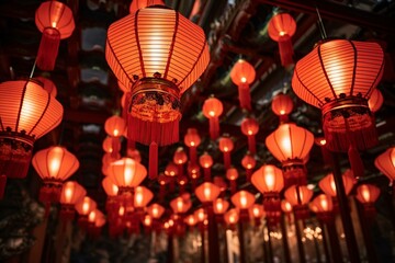 in an oriental temple at night, decorative lanterns hanging from the ceiling with illuminated lights. in the chinese new year celebration, a festival of lanterns made from bamboo and. Generative AI