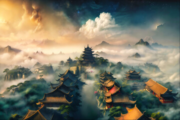Fantastic Chinese Landscape Ancient Architecture - obrazy, fototapety, plakaty