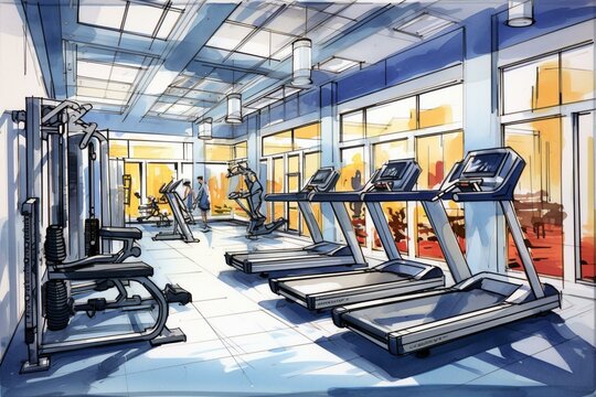 Drawing of a fitness center's exercise area. Generative AI