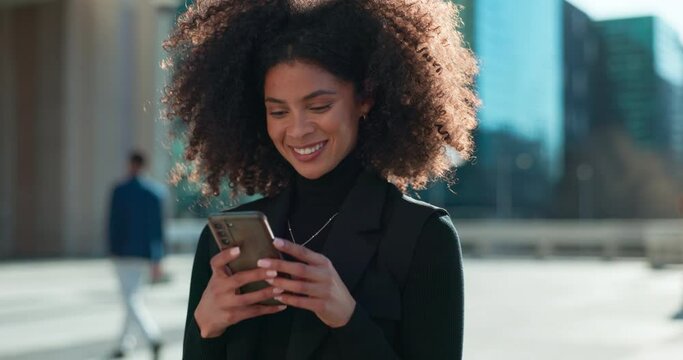 Designer, mobile app or happy woman in city on social media, internet post or web chat notification. News blog, smile or girl entrepreneur on smartphone texting, networking or typing online in town