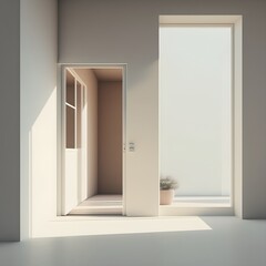 a simple room with a window door modern architecture minimalist clean lines soft shadows muted colours muted tones 
