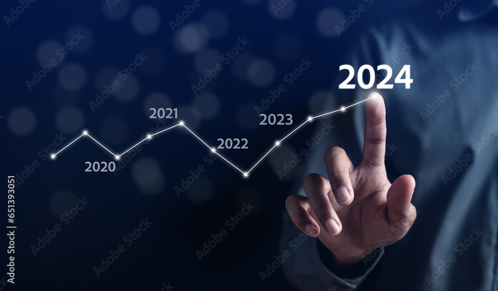 Aufkleber pointing happy new year 2024 with chart graph and countdown merry christmas and happy new year, plan
